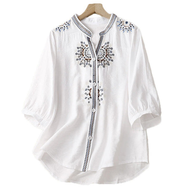 Buddha Stones Casual Damen-Shirt im Bohème-Stil mit Blumenstickerei, V-Ausschnitt und halben Ärmeln - image 1