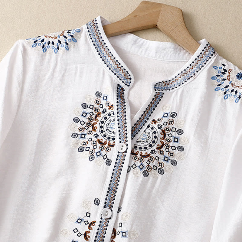 Buddha Stones Casual Damen-Shirt im Bohème-Stil mit Blumenstickerei, V-Ausschnitt und halben Ärmeln - image 2