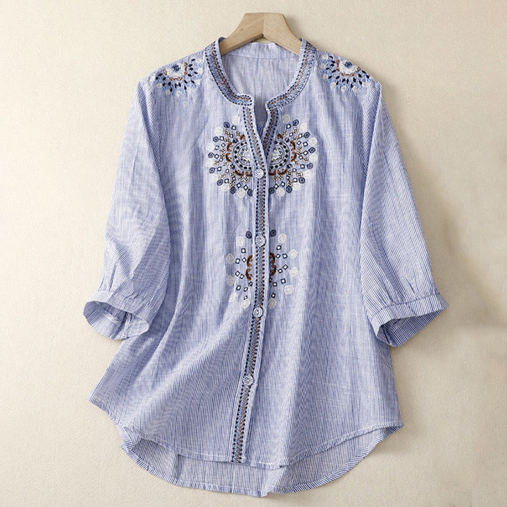 Buddha Stones Casual Damen-Shirt im Bohème-Stil mit Blumenstickerei, V-Ausschnitt und halben Ärmeln - Kornblumenblau - US 8-10, UK/AU 12-14, EU 40-42 (2XL) - image 5