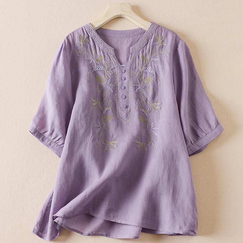 Buddha Stones Casual Stickerei Pflanzen Damen V-Ausschnitt Design Halbarm Baumwollmischhemd - Pflaume - US 8-10, UK/AU 12-14, EU 40-42 (2XL) - image 0
