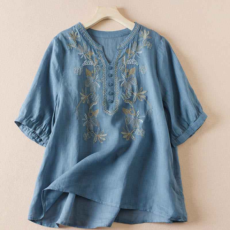 Buddha Stones Casual Stickerei Pflanzen Damen V-Ausschnitt Design Halbarm Baumwollmischhemd - SteelBlue - US 8-10, UK/AU 12-14, EU 40-42 (2XL) - image 15