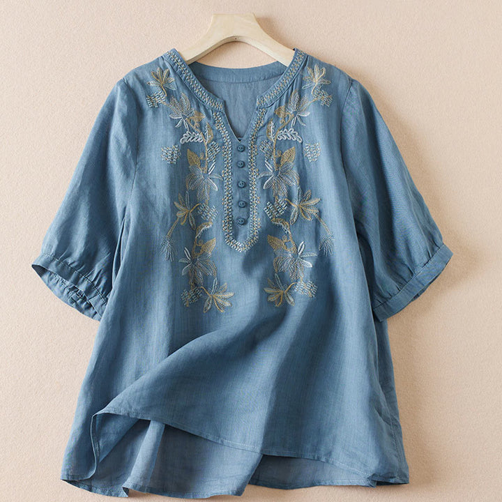 Buddha Stones Casual Stickerei Pflanzen Damen V-Ausschnitt Design Halbarm Baumwollmischhemd - SteelBlue - US 8-10, UK/AU 12-14, EU 40-42 (2XL) - image 15
