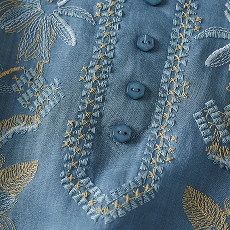 Buddha Stones Casual Stickerei Pflanzen Damen V-Ausschnitt Design Halbarm Baumwollmischhemd - image 20
