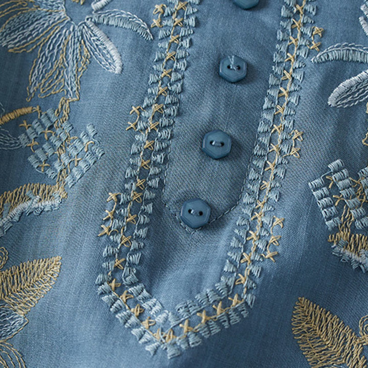 Buddha Stones Casual Stickerei Pflanzen Damen V-Ausschnitt Design Halbarm Baumwollmischhemd - image 20
