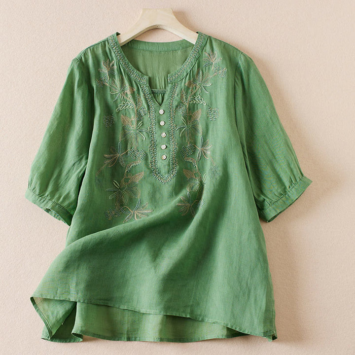 Buddha Stones Casual Stickerei Pflanzen Damen V-Ausschnitt Design Halbarm Baumwollmischhemd - Mittelseegrün - US 8-10, UK/AU 12-14, EU 40-42 (2XL) - image 22