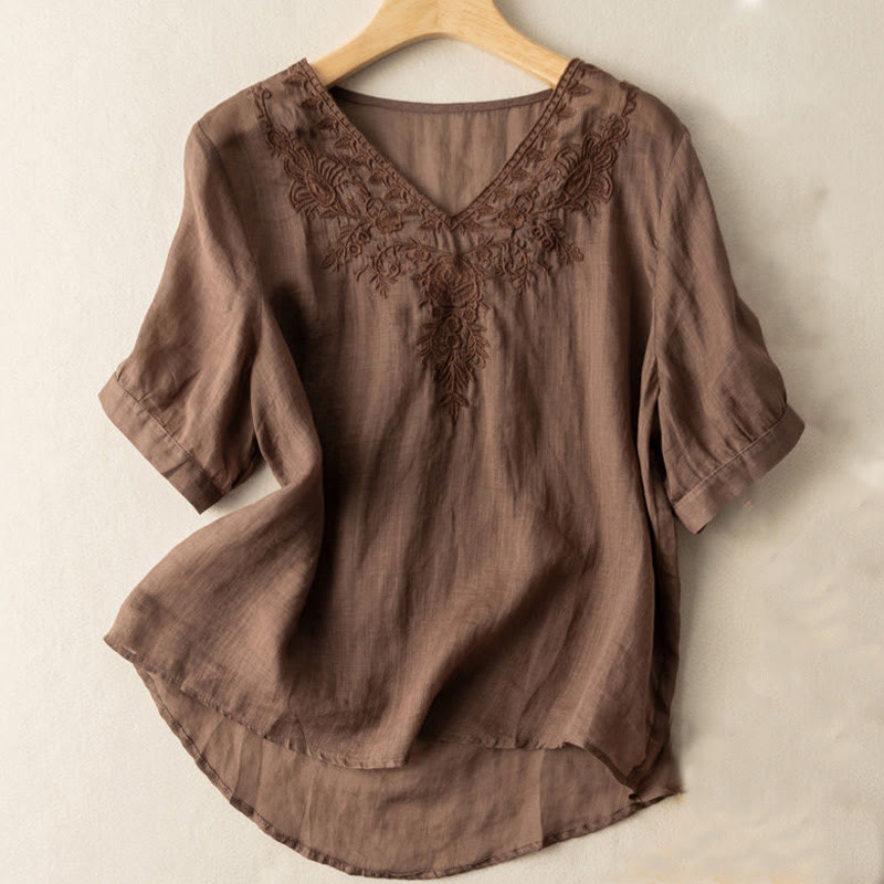 Lässiges Baumwollhemd mit Blumenmuster und V-Ausschnitt für Damen mit Buddha Stones