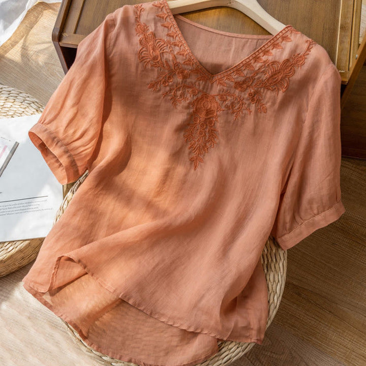 Lässiges Baumwollhemd mit Blumenmuster und V-Ausschnitt für Damen mit Buddha Stones