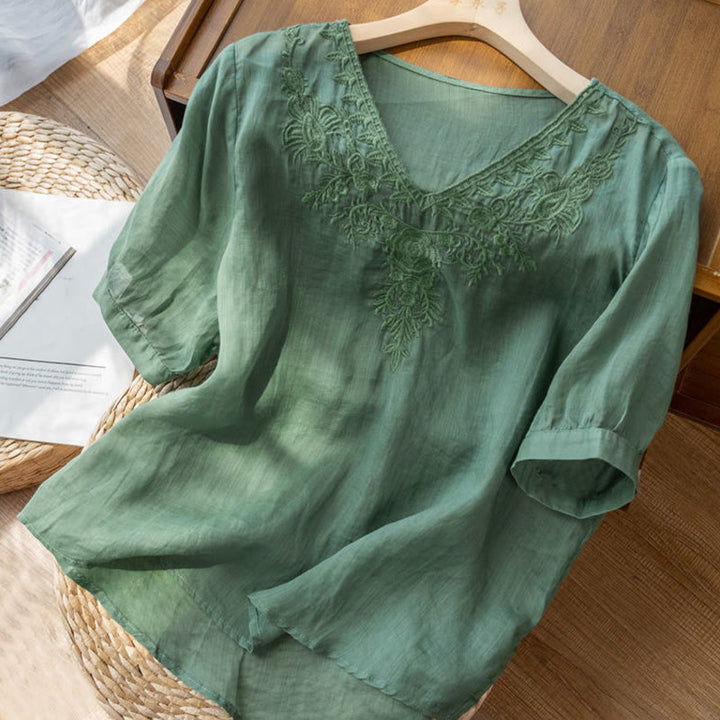 Lässiges Baumwollhemd mit Blumenmuster und V-Ausschnitt für Damen mit Buddha Stones