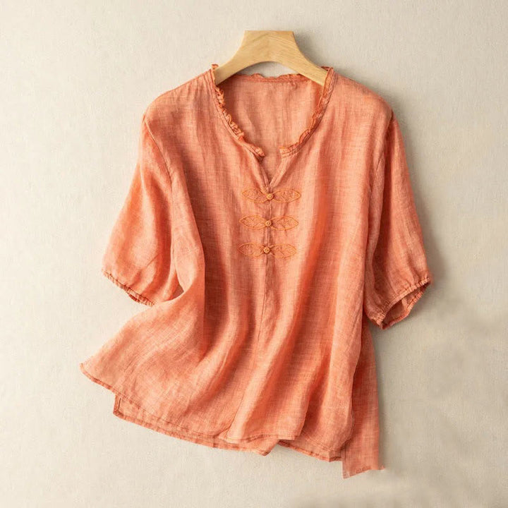 Lässiges Baumwollhemd mit V-Ausschnitt und Stickereien im Buddha Stones -Stil mit Blatt-Ungus-Rand und Falten für Damen - Helllachs - US12, UK/AU16, EU44 (3XL) - image 6