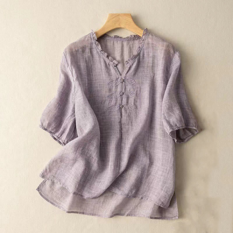 Lässiges Baumwollhemd mit V-Ausschnitt und Stickereien im Buddha Stones -Stil mit Blatt-Ungus-Rand und Falten für Damen - Distel - US12, UK/AU16, EU44 (3XL) - image 11