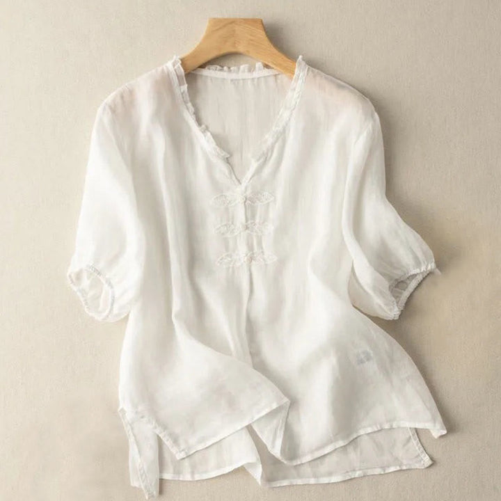 Lässiges Baumwollhemd mit V-Ausschnitt und Stickereien im Buddha Stones -Stil mit Blatt-Ungus-Rand und Falten für Damen - Elfenbein - US12, UK/AU16, EU44 (3XL) - image 15