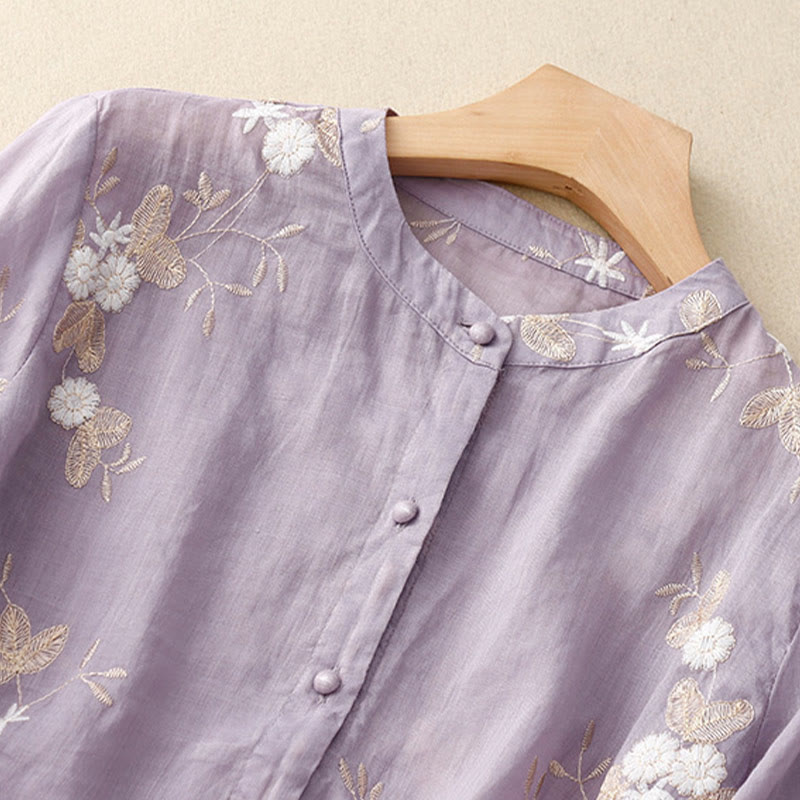 Lässiges Baumwoll-Cardigan-Shirt mit Rundhalsausschnitt und halblangen Ärmeln von Buddha Stones aus Organza mit bestickten Blütenblättern - image 2