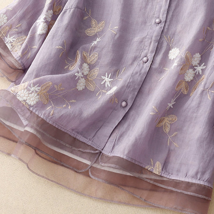 Lässiges Baumwoll-Cardigan-Shirt mit Rundhalsausschnitt und halblangen Ärmeln von Buddha Stones aus Organza mit bestickten Blütenblättern - image 3