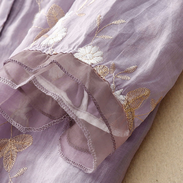 Lässiges Baumwoll-Cardigan-Shirt mit Rundhalsausschnitt und halblangen Ärmeln von Buddha Stones aus Organza mit bestickten Blütenblättern - image 4