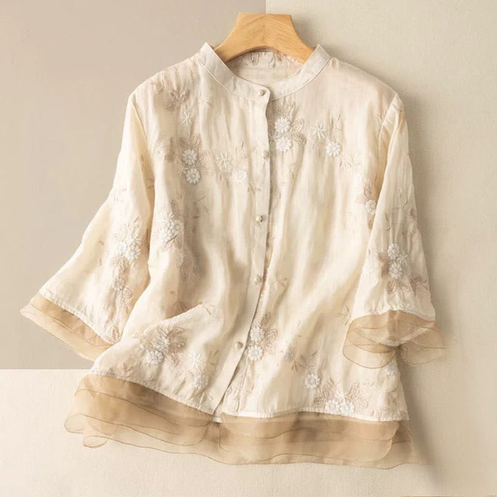 Lässiges Baumwoll-Cardigan-Shirt mit Rundhalsausschnitt und halblangen Ärmeln von Buddha Stones aus Organza mit bestickten Blütenblättern - Hellgelb - US8-10， UK/AU12-14，EU40-42 (2XL) - image 5