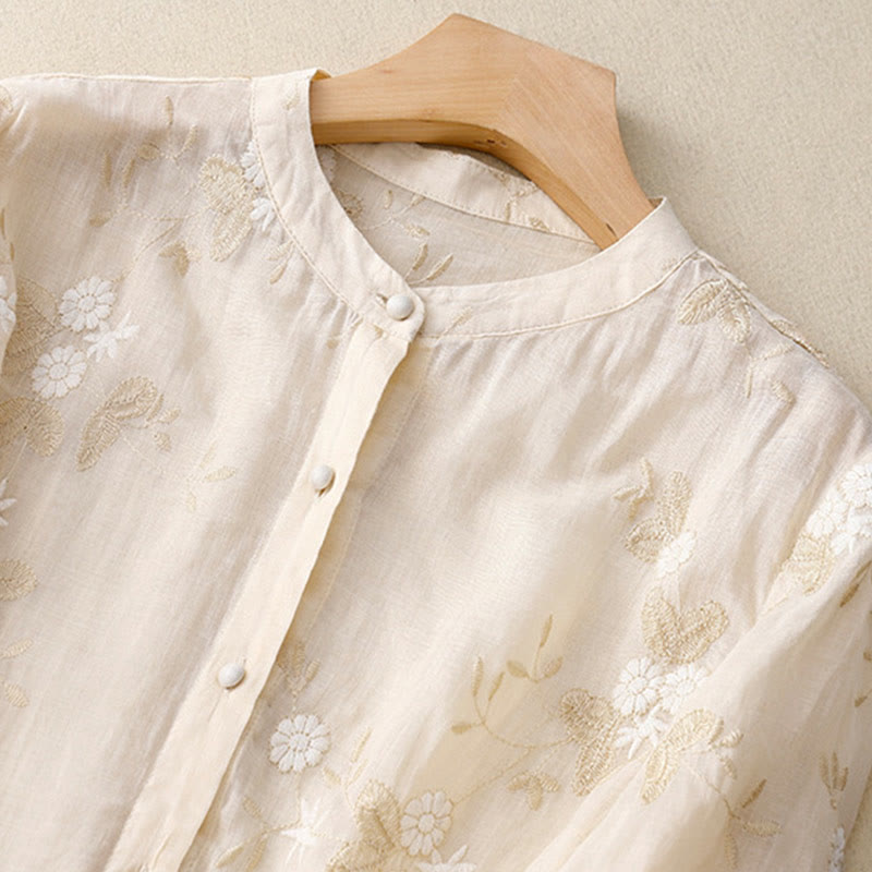 Lässiges Baumwoll-Cardigan-Shirt mit Rundhalsausschnitt und halblangen Ärmeln von Buddha Stones aus Organza mit bestickten Blütenblättern - image 6