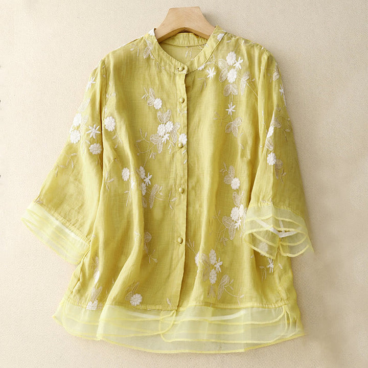 Lässiges Baumwoll-Cardigan-Shirt mit Rundhalsausschnitt und halblangen Ärmeln von Buddha Stones aus Organza mit bestickten Blütenblättern - Khaki - US8-10， UK/AU12-14，EU40-42 (2XL) - image 9