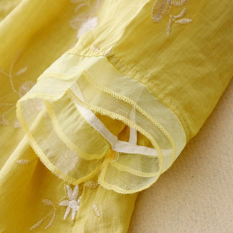 Lässiges Baumwoll-Cardigan-Shirt mit Rundhalsausschnitt und halblangen Ärmeln von Buddha Stones aus Organza mit bestickten Blütenblättern - image 12