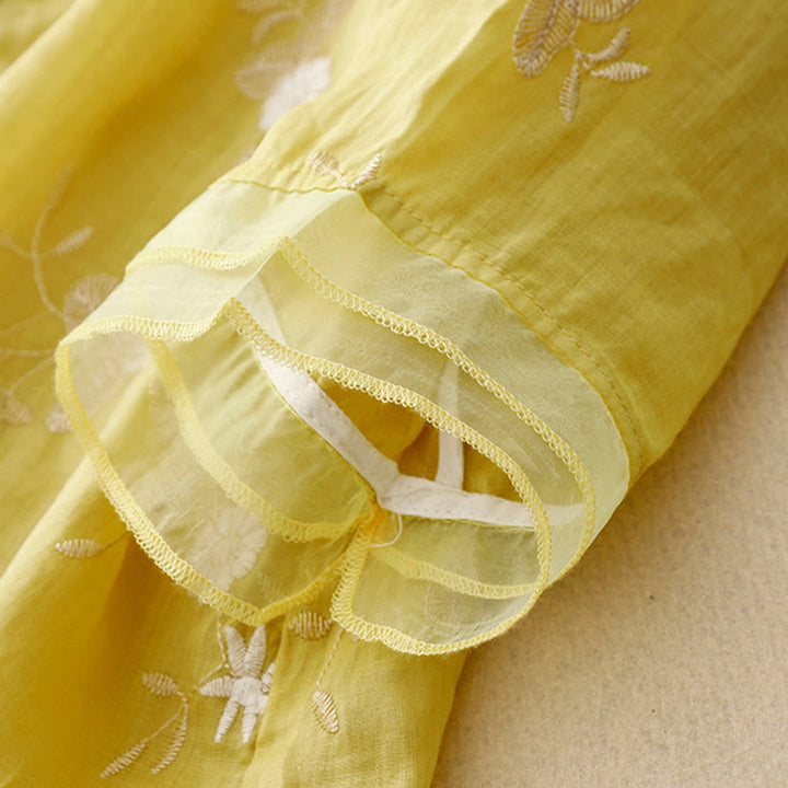 Lässiges Baumwoll-Cardigan-Shirt mit Rundhalsausschnitt und halblangen Ärmeln von Buddha Stones aus Organza mit bestickten Blütenblättern - image 12