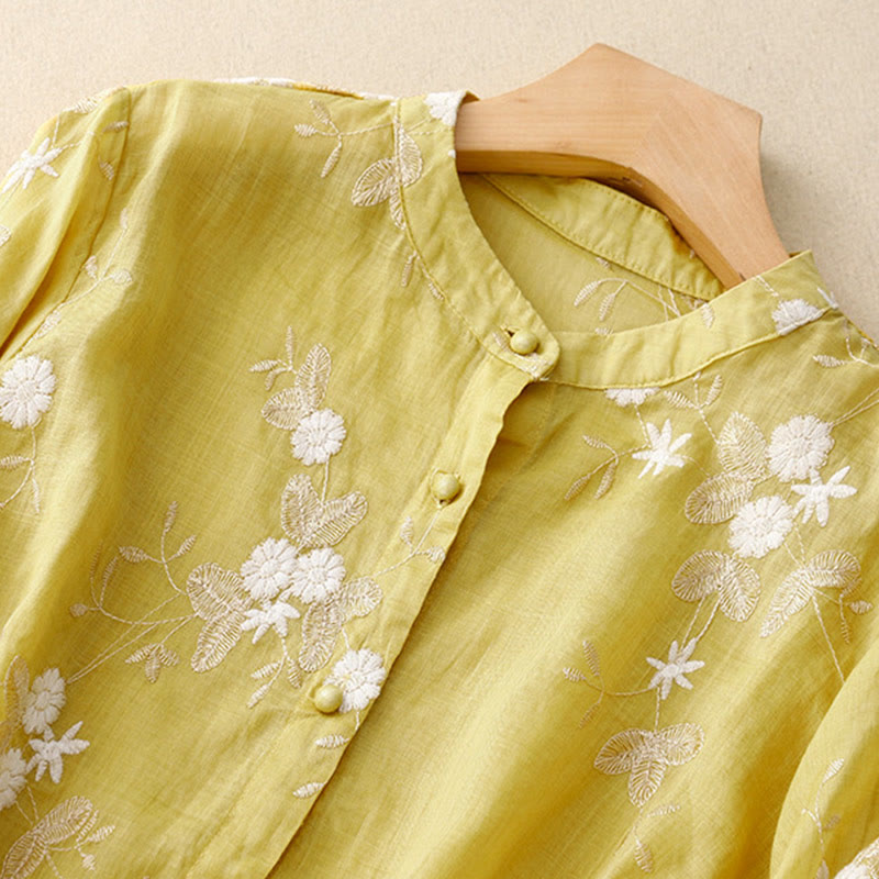 Lässiges Baumwoll-Cardigan-Shirt mit Rundhalsausschnitt und halblangen Ärmeln von Buddha Stones aus Organza mit bestickten Blütenblättern - image 10