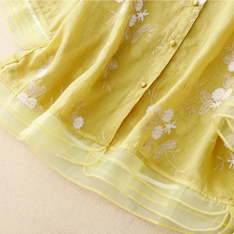 Lässiges Baumwoll-Cardigan-Shirt mit Rundhalsausschnitt und halblangen Ärmeln von Buddha Stones aus Organza mit bestickten Blütenblättern - image 13