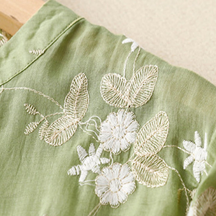 Lässiges Baumwoll-Cardigan-Shirt mit Rundhalsausschnitt und halblangen Ärmeln von Buddha Stones aus Organza mit bestickten Blütenblättern - image 18