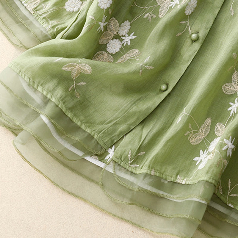 Lässiges Baumwoll-Cardigan-Shirt mit Rundhalsausschnitt und halblangen Ärmeln von Buddha Stones aus Organza mit bestickten Blütenblättern - image 21