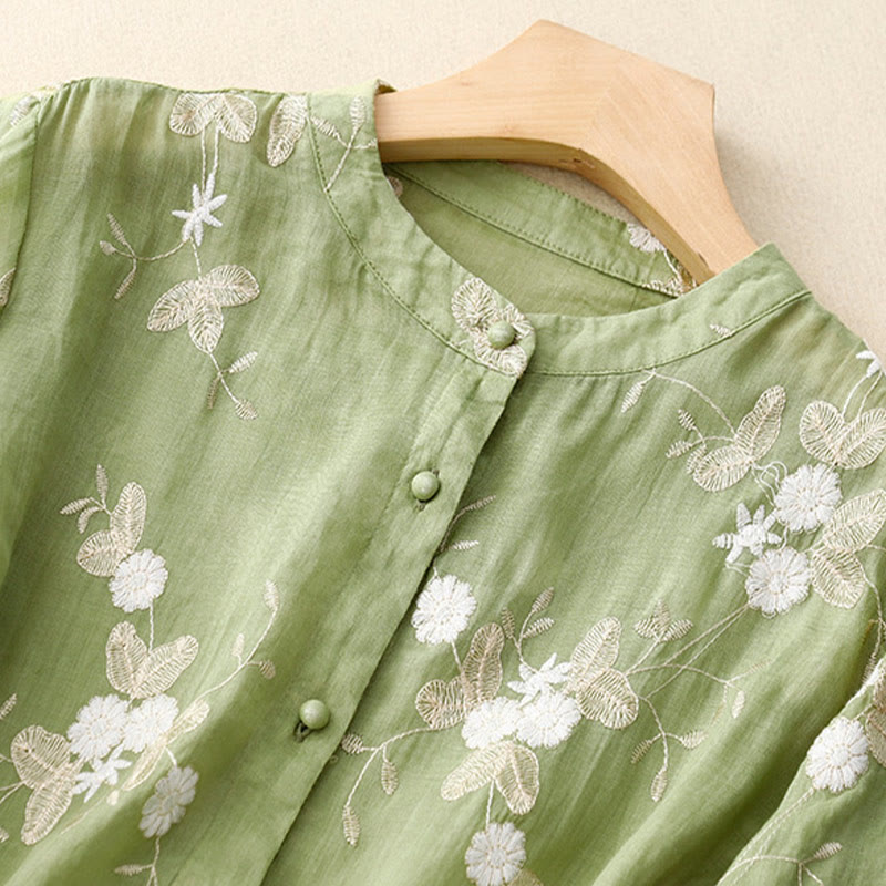 Lässiges Baumwoll-Cardigan-Shirt mit Rundhalsausschnitt und halblangen Ärmeln von Buddha Stones aus Organza mit bestickten Blütenblättern - image 17