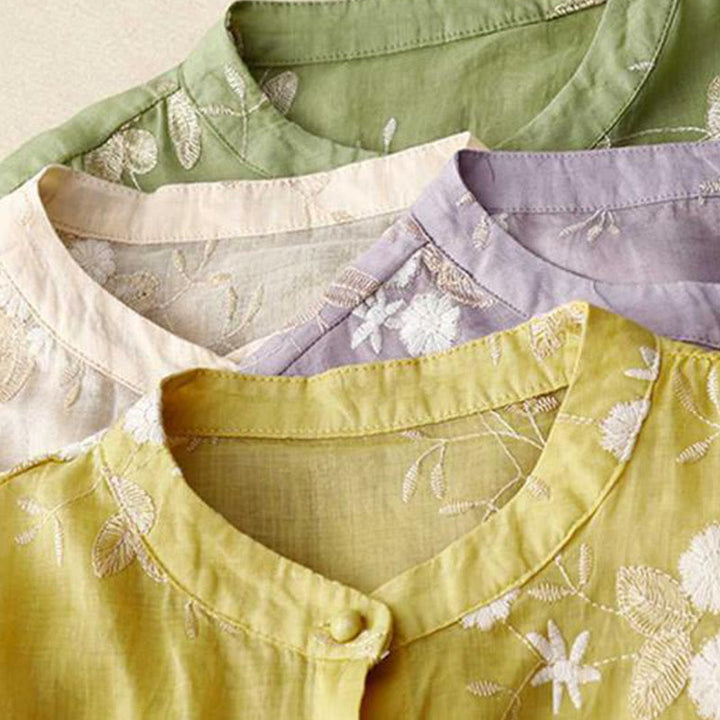 Lässiges Baumwoll-Cardigan-Shirt mit Rundhalsausschnitt und halblangen Ärmeln von Buddha Stones aus Organza mit bestickten Blütenblättern - image 22