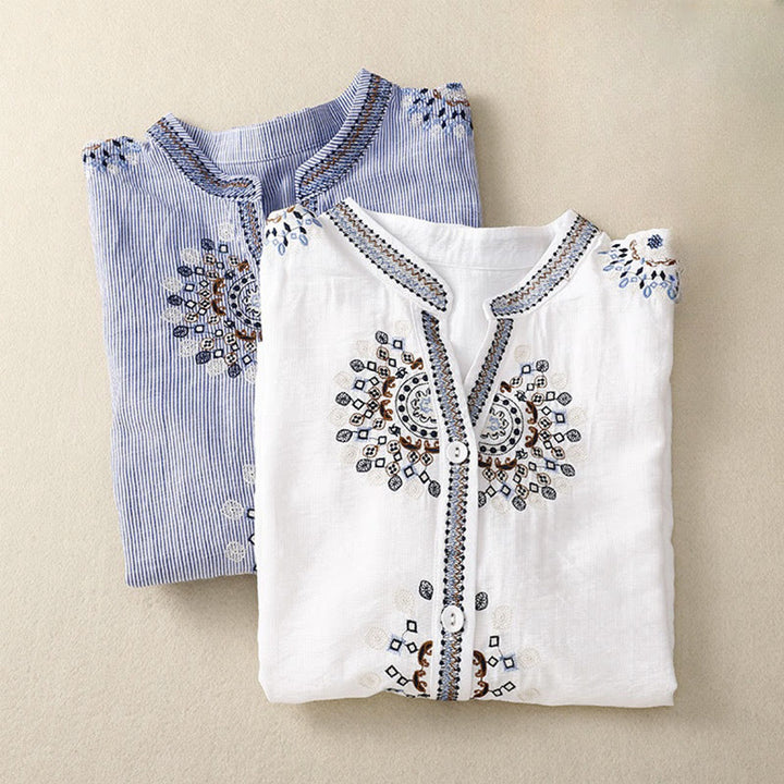 Buddha Stones Casual Damen-Shirt im Bohème-Stil mit Blumenstickerei, V-Ausschnitt und halben Ärmeln - image 10