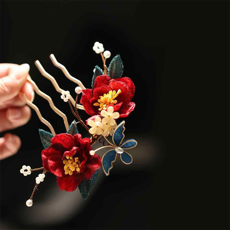 Buddha Stones im chinesischen Stil, rote Kamelie, Schmetterling, Haarspange, Haarkamm, Haarnadel, Haarspange, Accessoire