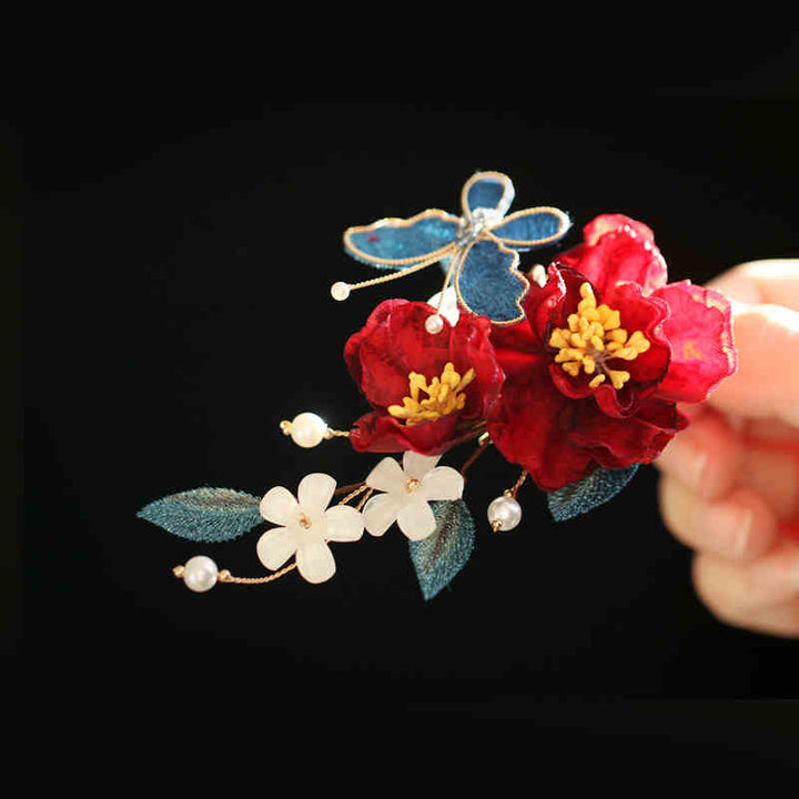 Buddha Stones im chinesischen Stil, rote Kamelie, Schmetterling, Haarspange, Haarkamm, Haarnadel, Haarspange, Accessoire
