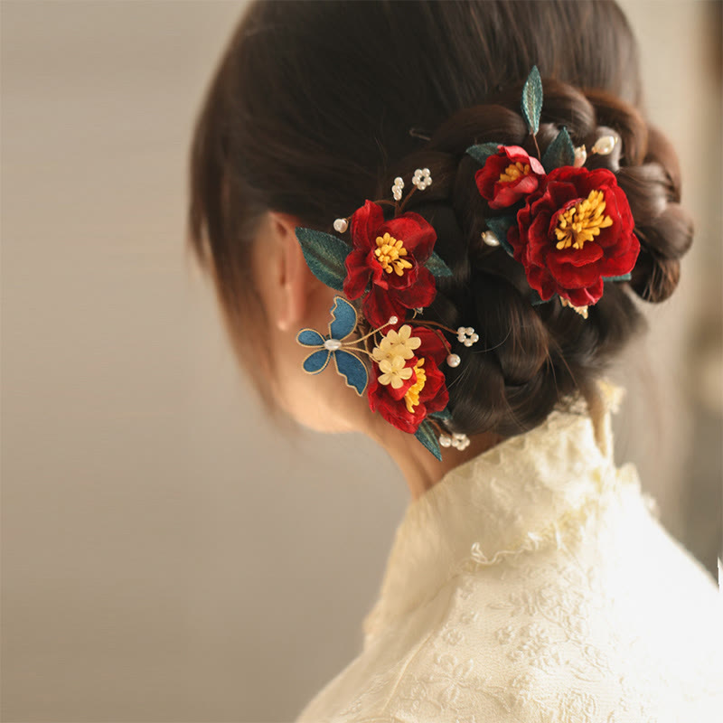 Buddha Stones im chinesischen Stil, rote Kamelie, Schmetterling, Haarspange, Haarkamm, Haarnadel, Haarspange, Accessoire