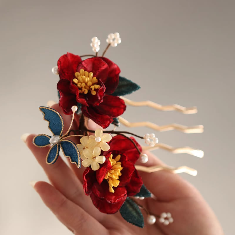 Buddha Stones im chinesischen Stil, rote Kamelie, Schmetterling, Haarspange, Haarkamm, Haarnadel, Haarspange, Accessoire