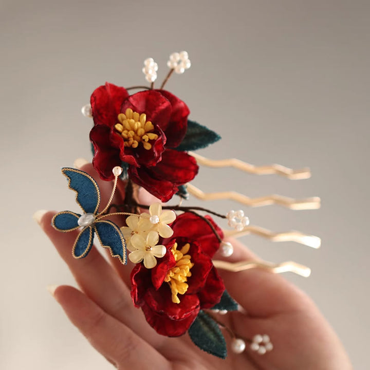 Buddha Stones im chinesischen Stil, rote Kamelie, Schmetterling, Haarspange, Haarkamm, Haarnadel, Haarspange, Accessoire