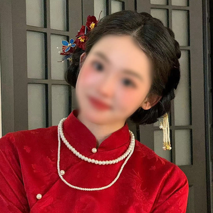 Buddha Stones Chinesische Hochzeit Rote Blume Schmetterling Haar Kamm Haarnadel Haarspange