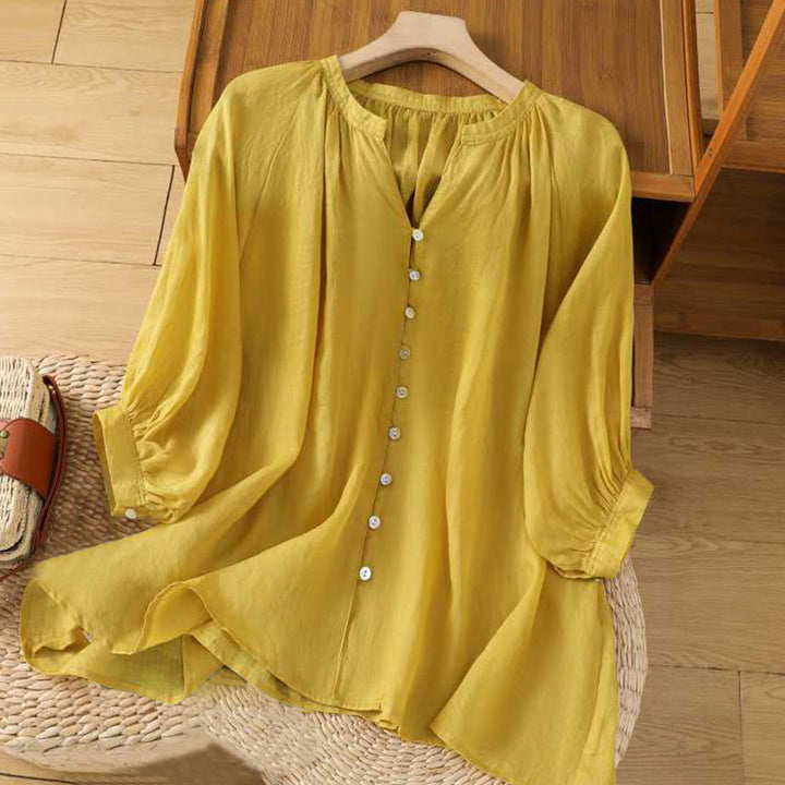 Buddha Stones Lässiges, einfarbiges Damen-Hemd aus Baumwolle und Leinen mit einreihiger Knopfleiste, V-Ausschnitt und Dreiviertelärmeln - Gold - US12, UK/AU16, EU44 (2XL) - image 0