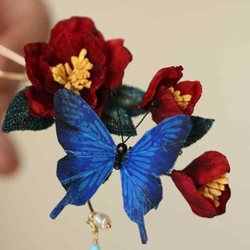 Buddha Stones Klassischen Chinesischen Stil Rote Blume Blau Schmetterling Haarnadel