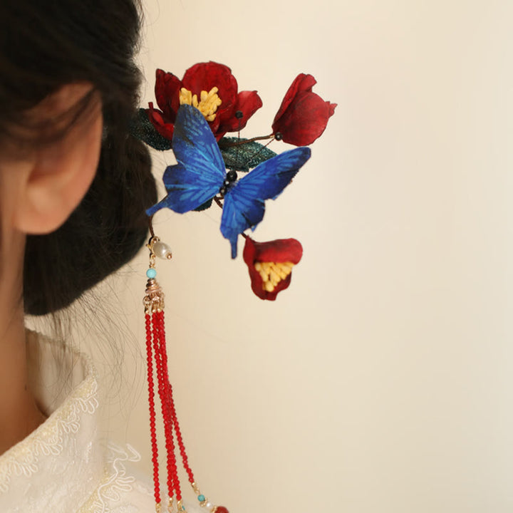 Buddha Stones Klassischen Chinesischen Stil Rote Blume Blau Schmetterling Haarnadel