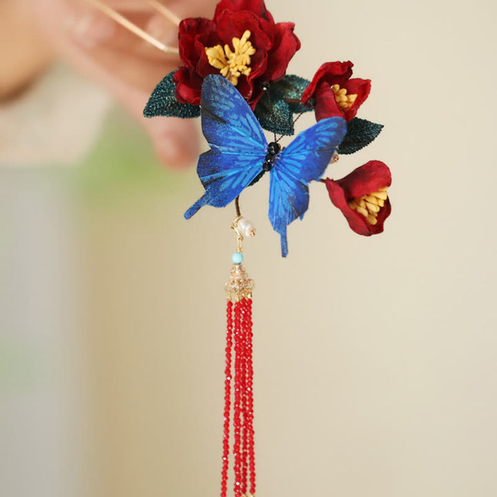 Buddha Stones Klassischen Chinesischen Stil Rote Blume Blau Schmetterling Haarnadel