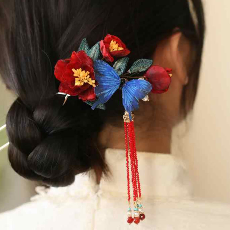 Buddha Stones Klassischen Chinesischen Stil Rote Blume Blau Schmetterling Haarnadel