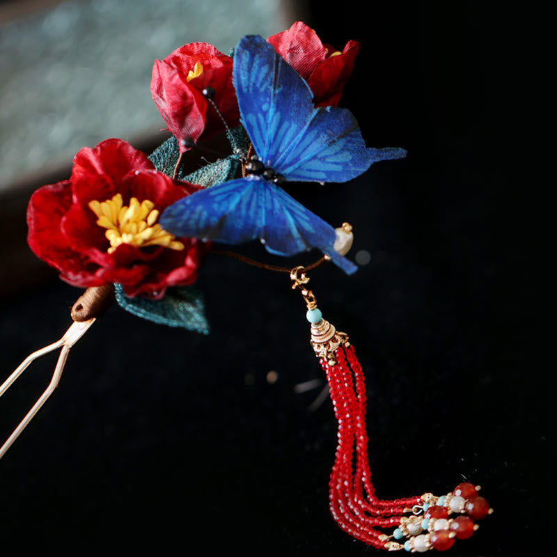 Buddha Stones Klassischen Chinesischen Stil Rote Blume Blau Schmetterling Haarnadel