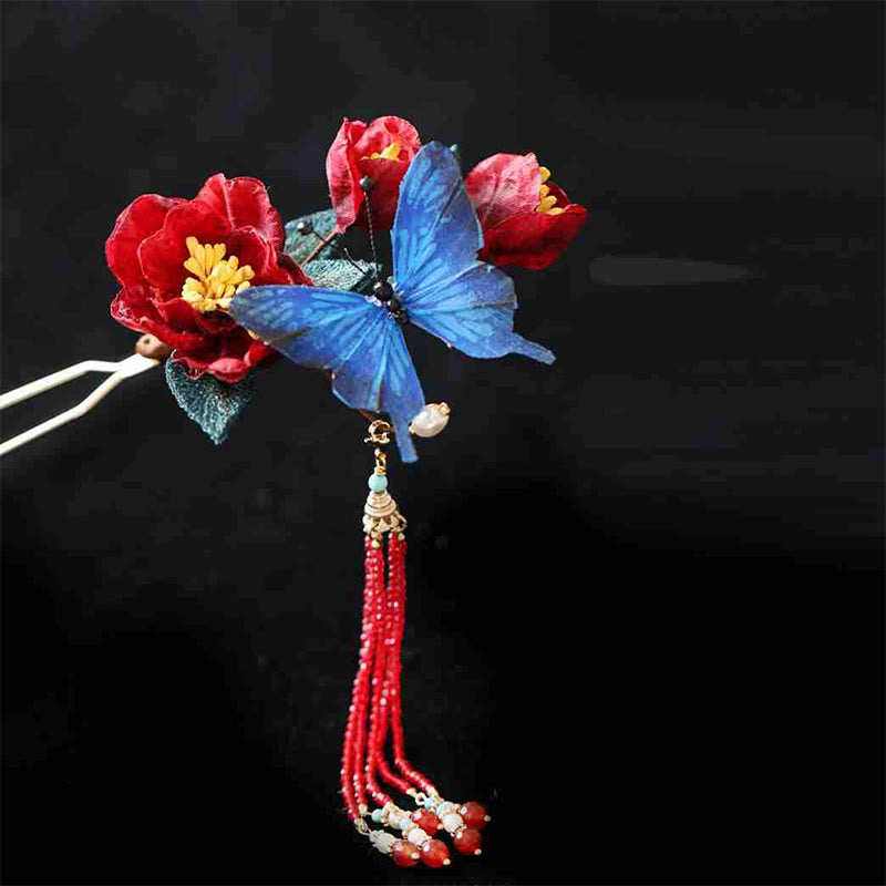 Buddha Stones Klassischen Chinesischen Stil Rote Blume Blau Schmetterling Haarnadel
