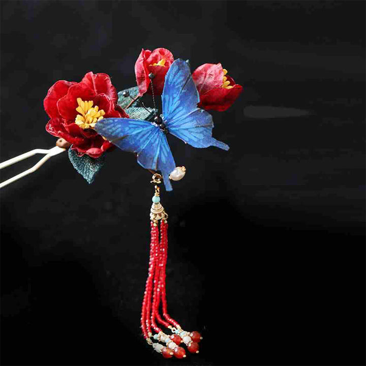Buddha Stones Klassischen Chinesischen Stil Rote Blume Blau Schmetterling Haarnadel