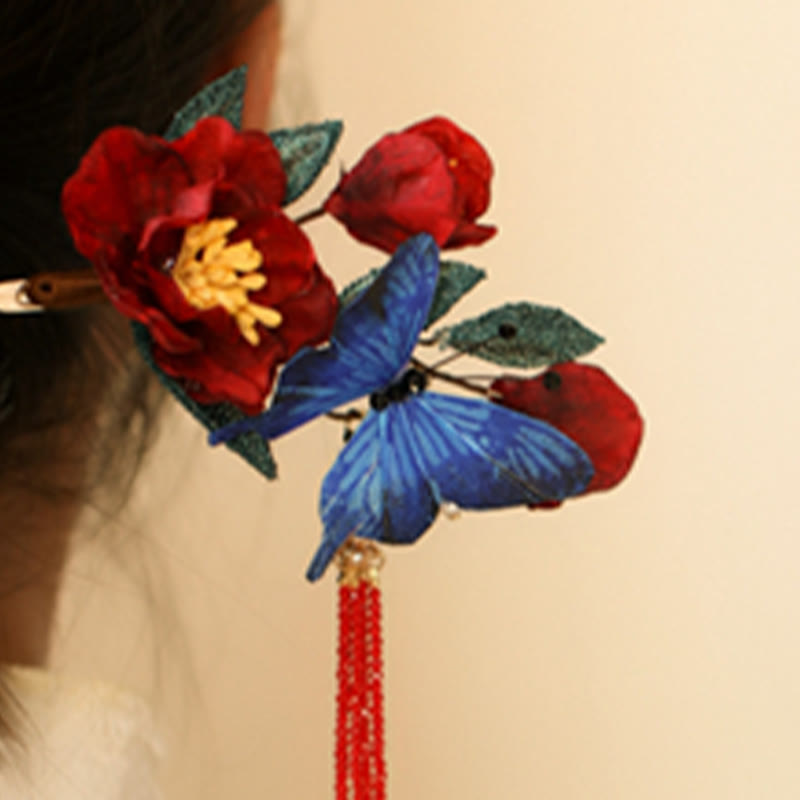 Buddha Stones Klassischen Chinesischen Stil Rote Blume Blau Schmetterling Haarnadel