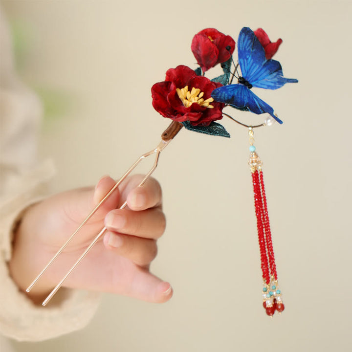 Buddha Stones Klassischen Chinesischen Stil Rote Blume Blau Schmetterling Haarnadel