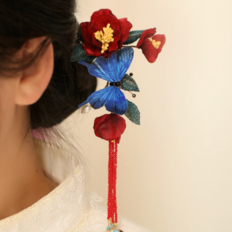 Buddha Stones Klassischen Chinesischen Stil Rote Blume Blau Schmetterling Haarnadel