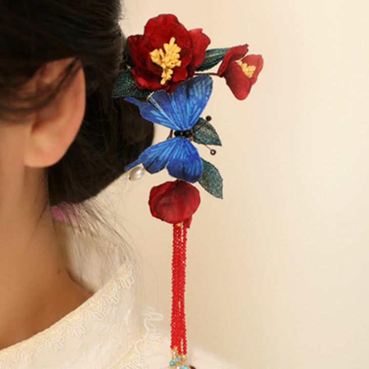 Buddha Stones Klassischen Chinesischen Stil Rote Blume Blau Schmetterling Haarnadel