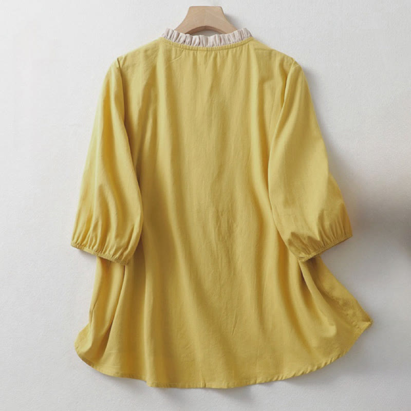 Buddha Stones Lässiges, schlichtes Damen-Hemd aus Baumwollleinen mit Rüschenkragen und Froschknöpfen, Halbarm - image 1