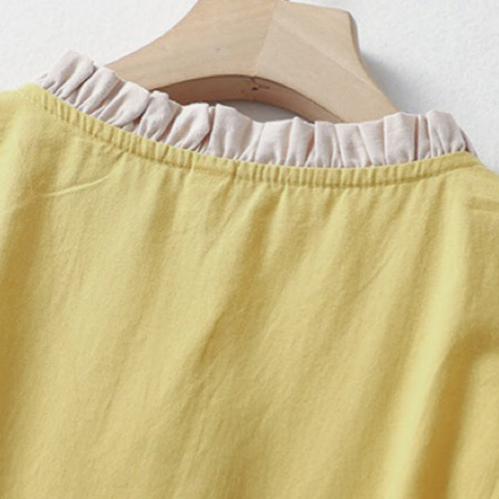 Buddha Stones Lässiges, schlichtes Damen-Hemd aus Baumwollleinen mit Rüschenkragen und Froschknöpfen, Halbarm - image 3